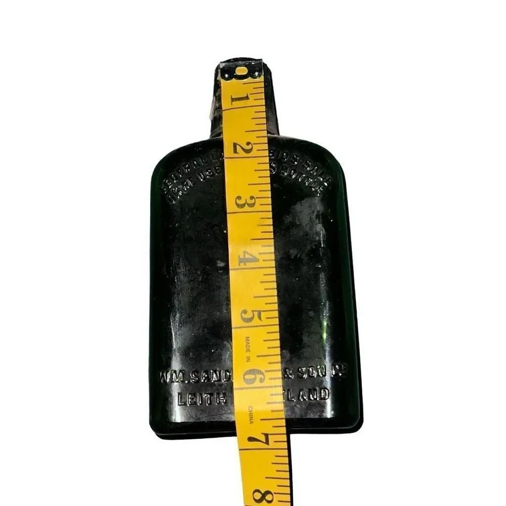 Antique Leith Scotland Black Glass Sanderson & Son Liquor Bottle Size 7” x 3.5”